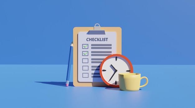 concepto de lista de verificación de negocios con alguna lista de tareas pendientes con hora de reloj y lápiz. renderizado de ilustración 3d