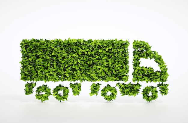 Concepto de logística ecológica. Ilustración 3D de un camión verde aislado en blanco.