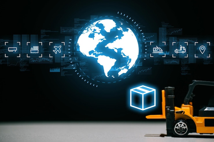 Foto el concepto de logística y entrega de mercancías en todo el mundo holograma del mapa mundial y los iconos