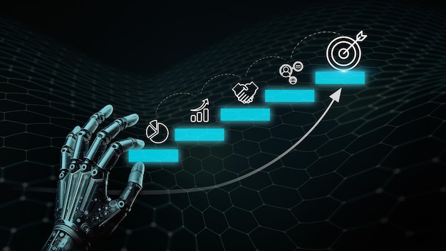 Concepto de logro del éxito del crecimiento empresarial robo de la mano que organiza el apilamiento de bloques como escalera de paso o la