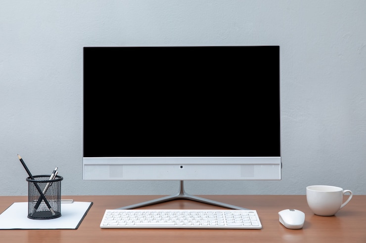 Foto concepto de lugar de trabajo concepto de espacio de trabajo loft. simulacros de pantalla moderna computadora de escritorio una