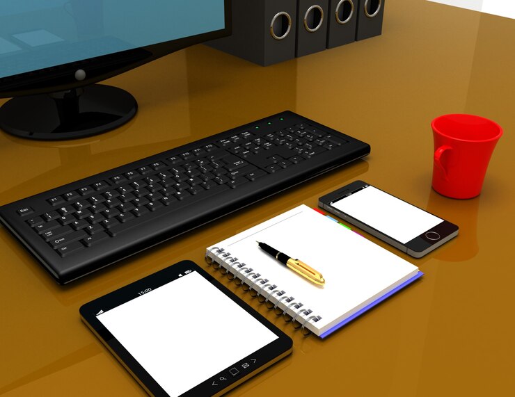 Foto concepto de lugar de trabajo de oficina 3d. 3d rindió la ilustración