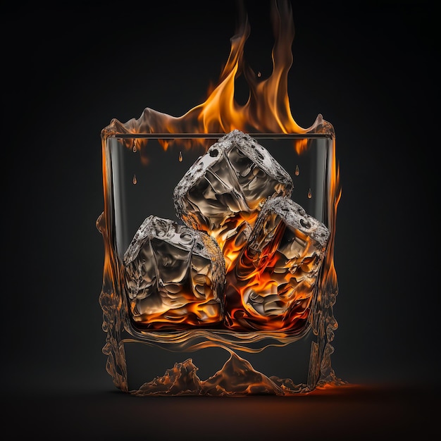 Concepto de lujo de alcohol de whisky o vaso de ron con cubitos de hielo y llama de fuego sobre fondo negro