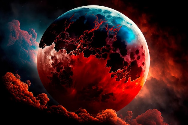 Concepto de luna de una IA generativa llena de nubes rojas