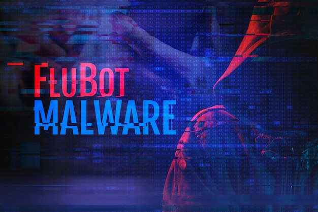 Concepto de malware Flubot con hacker encapuchado y efecto de falla