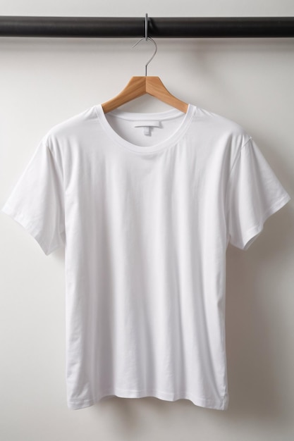 Concepto de maqueta de camisa de camisetas blancas con espacio de copia de ropa lisa sobre fondo de pared blanca