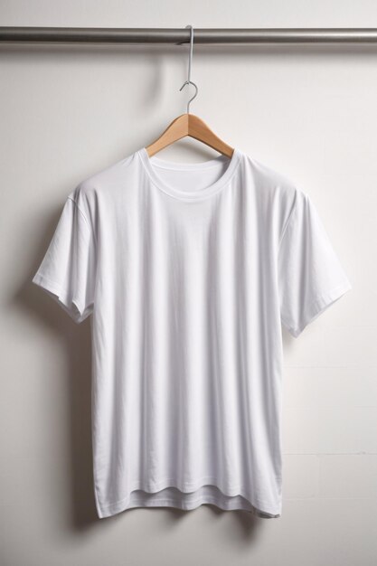 Concepto de maqueta de camisa de camisetas blancas con espacio de copia de ropa lisa sobre fondo de pared blanca