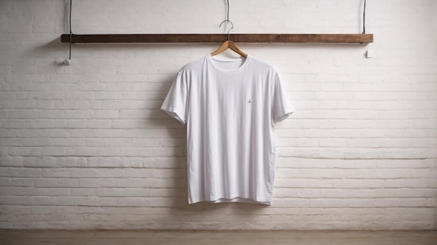 Concepto de maqueta de camisa de camisetas blancas con espacio de copia de ropa lisa sobre fondo de pared blanca