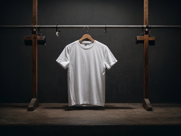 Concepto de maqueta de camisa de camisetas blancas con espacio de copia de ropa lisa sobre fondo de pared oscuro