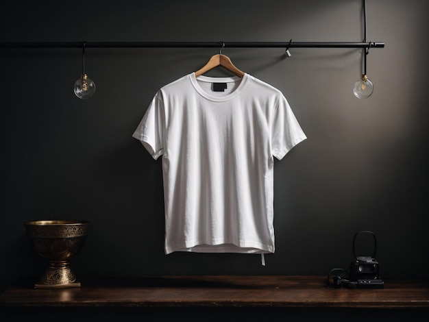 Concepto de maqueta de camisa de camisetas blancas con espacio de copia de ropa lisa sobre fondo de pared oscuro