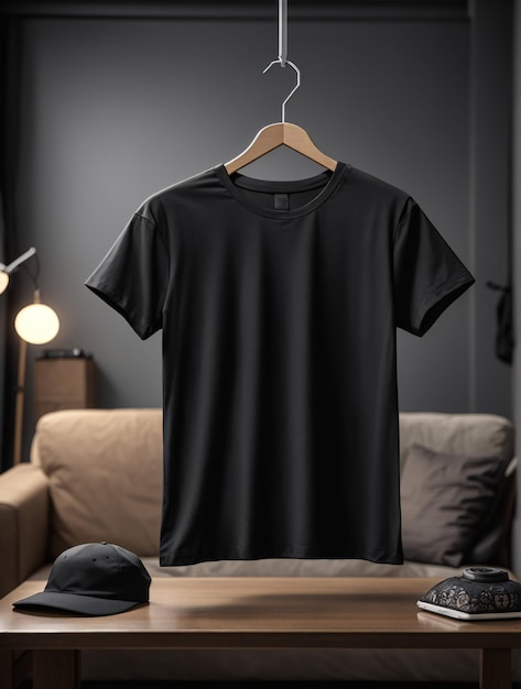 Concepto de maqueta de camisa de camisetas negras con espacio de copia de ropa lisa sobre fondo de pared blanca