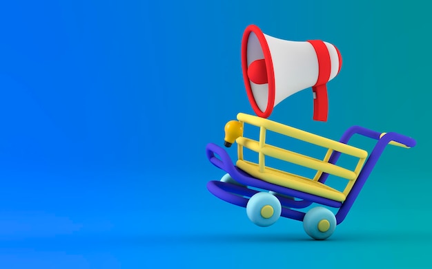 Concepto de marketing digital Carrito de compras y megáfono acelerando y perdiendo el control Renderización 3D