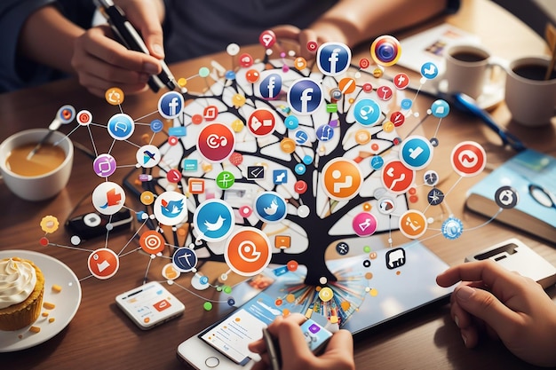 Foto concepto de marketing de medios sociales para el marketing con aplicaciones