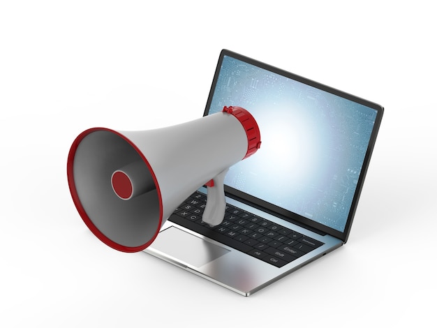 Concepto de marketing online con megáfono en computadora portátil