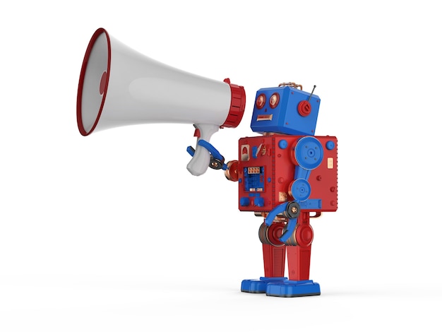 Concepto de marketing online con robot de renderizado 3d con megáfono