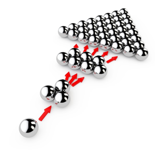 Concepto de marketing social. Esferas de cromo con flechas sobre un fondo blanco. Representación 3D.