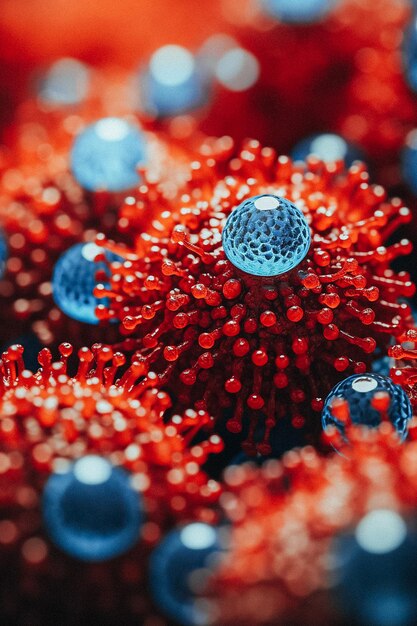 El concepto de medicina rojo brillante azul macro detallado de los microbios rojos azules moléculas virus bacterias