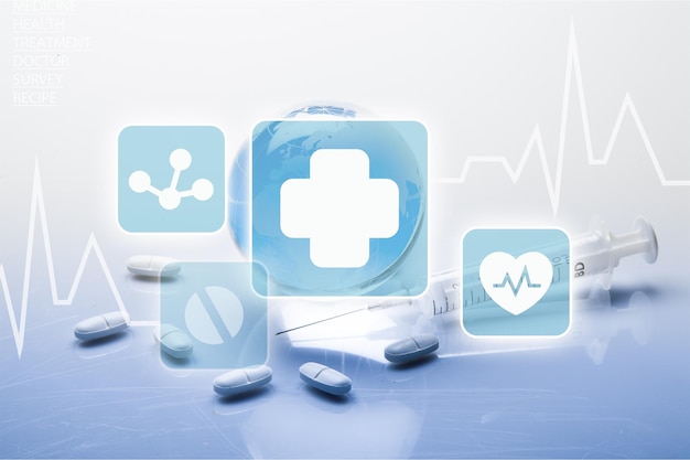 Concepto de medicina y salud, íconos médicos en pastillas y antecedentes de jeringas