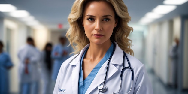Concepto médico de EE.UU. hermosa doctora en bata blanca con estetoscopio