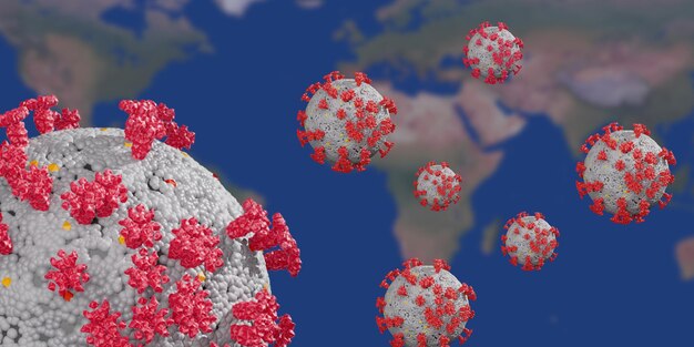 El concepto médico de fondo del virus ilustrado en 3D Célula de virus o fondo bacteriano Virus mutante COVID19