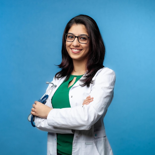 Concepto médico de una hermosa doctora asiática con una bata blanca con gafas, hasta la cintura. Estudiante de medicina. Una trabajadora del hospital mira a la cámara y sonríe, estudio, fondo azul.