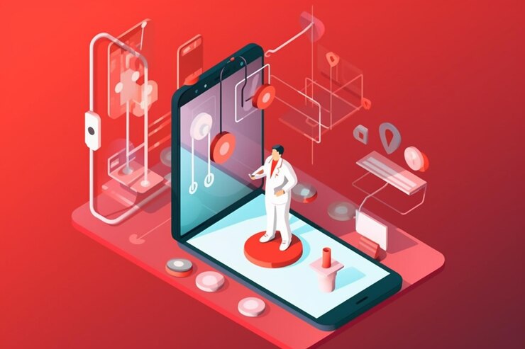 Foto concepto de médico isométrico rojo con teléfono inteligente