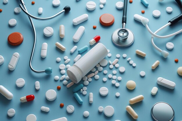 Foto concepto médico que presenta varias cápsulas de pastillas y un estetoscopio esparcidos en una superficie azul