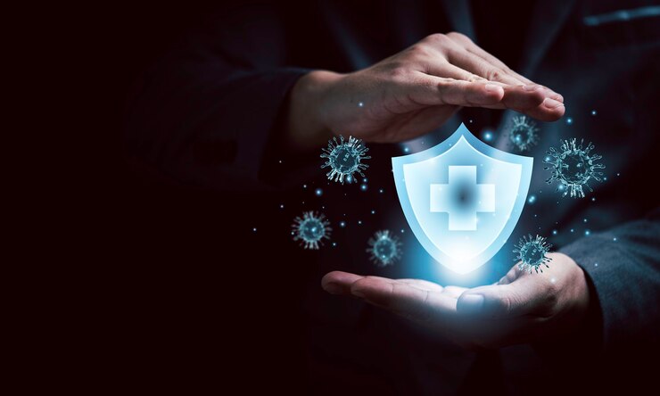 Foto concepto médico de seguro de vida y salud, gestos de protección con guardia virtual para prevenir el virus corona o covid 19. concepto de salud por render 3d.