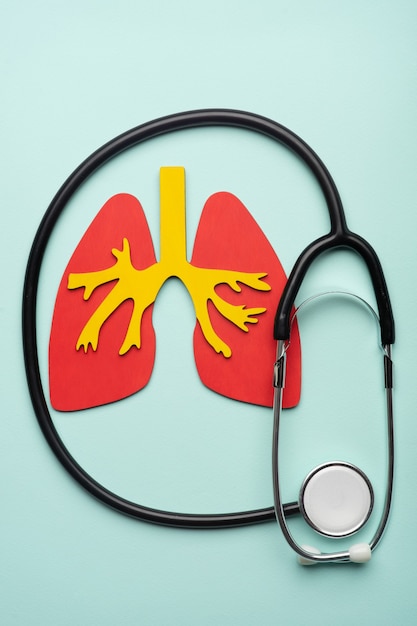 Concepto médico de terapia de salud pulmonar. silueta de los pulmones y un estetoscopio sobre un fondo azul. concepto de enfermedad respiratoria, neumonía, tuberculosis, bronquitis, asma, absceso pulmonar