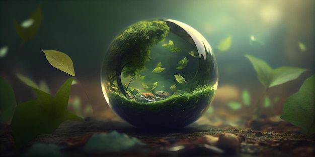 Concepto de medio ambiente Globe Glass en bosque verde con luz solar AI generado