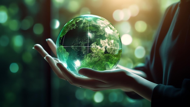 Concepto de medio ambiente Globe Glass en bosque verde con luz solar