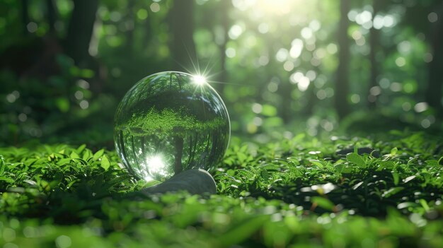Concepto de medio ambiente Globo de vidrio en el bosque verde con luz solar
