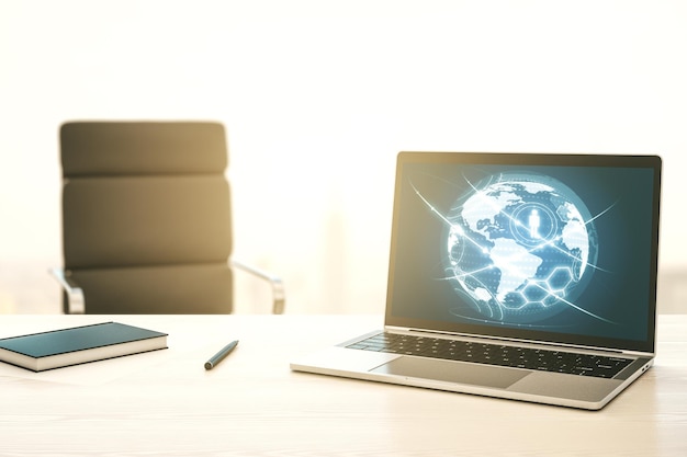 Concepto de medios de red social con mapa mundial en monitor de computadora moderno 3D Rendering