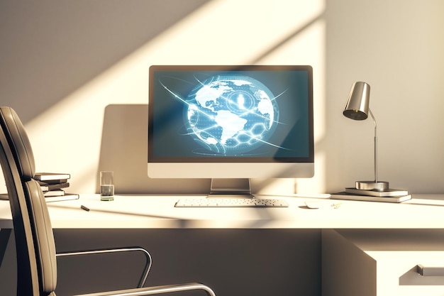 Concepto de medios de red social con mapa mundial en monitor de computadora moderno 3D Rendering