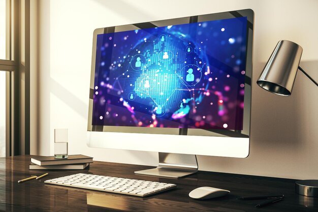 Concepto de medios de red social con mapa mundial en monitor de computadora moderno 3D Rendering