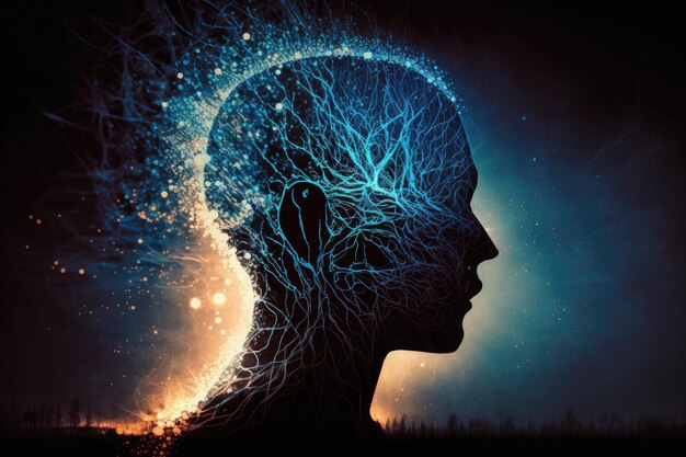 Concepto de meditación con silueta de cabeza humana que brilla intensamente neuronas esotéricas en el cerebro generado por IA