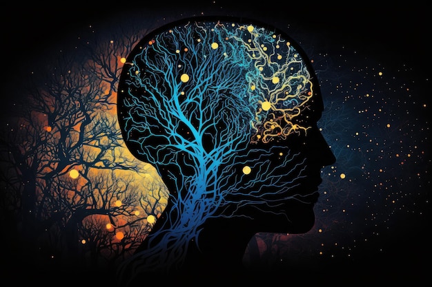 Concepto de meditación con silueta de cabeza humana que brilla intensamente neuronas esotéricas en el cerebro generado por IA