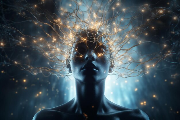 Foto un concepto meditativo muestra neuronas esotéricas en la silueta de una cabeza humana