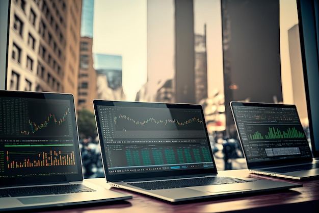 Concepto de mercado de valores Fila de portátiles abiertos idénticos con diferentes gráficos de mercado de valores en la ciudad frontal