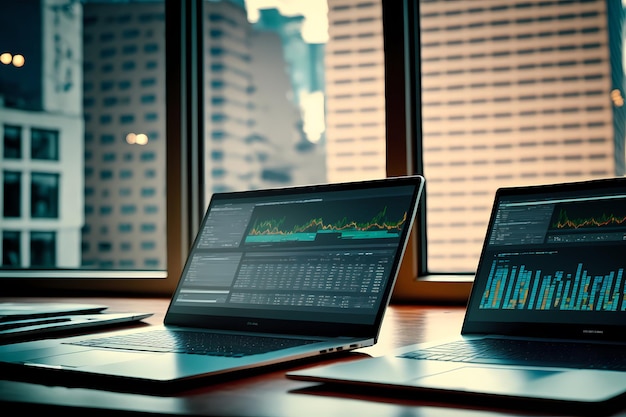 Concepto de mercado de valores Fila de portátiles abiertos idénticos con diferentes gráficos de mercado de valores en la ciudad frontal