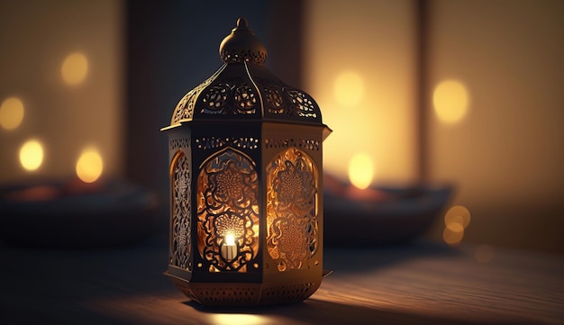 El concepto del mes sagrado del Ramadán Ardiendo una lámpara dorada brillante en una mesa de madera Generativo Ai