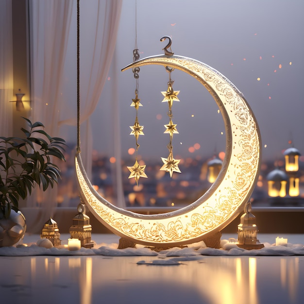 Foto concepto de la mezquita en miniatura de ramadán y la decoración de la luna creciente fondo 3d render