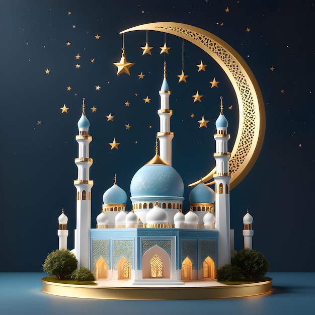 Concepto de la mezquita en miniatura de Ramadán y la decoración de la luna creciente Fondo 3d Render