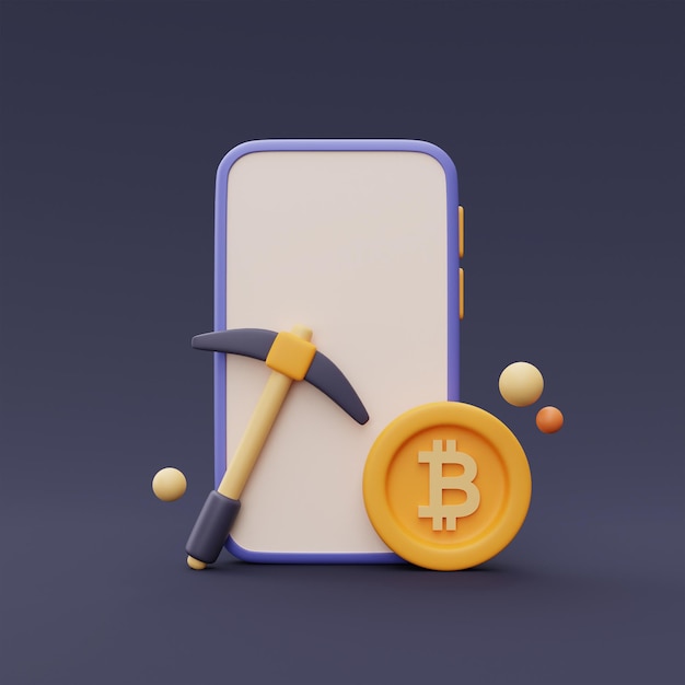 Concepto de minería de Bitcoin con PickaxeBitcoin coin y smartphoneCryptocurrencyblockchain technology servicesminimal style3d rendering