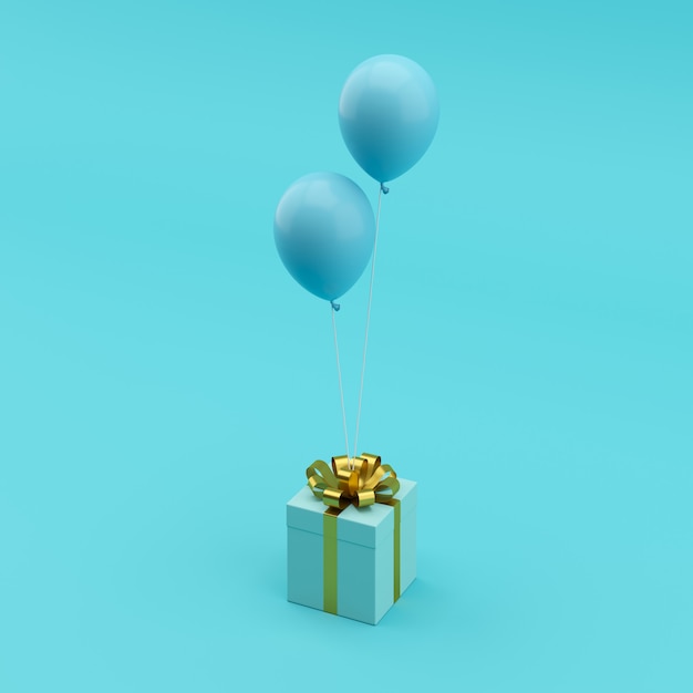 Concepto minimalista Caja de regalo azul excepcional con la cinta del oro con el globo azul en fondo azul.