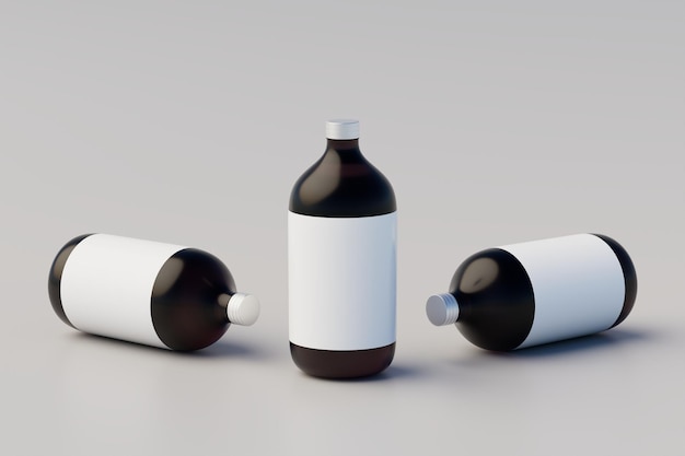 Concepto minimalista Cold Brew Coffee Amber Brown Botella de vidrio grande Empaquetado Maqueta Múltiples botellas Etiqueta en blanco Representación 3D