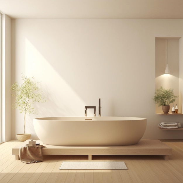 Concepto minimalista Interior de bañera en tono beige sólido