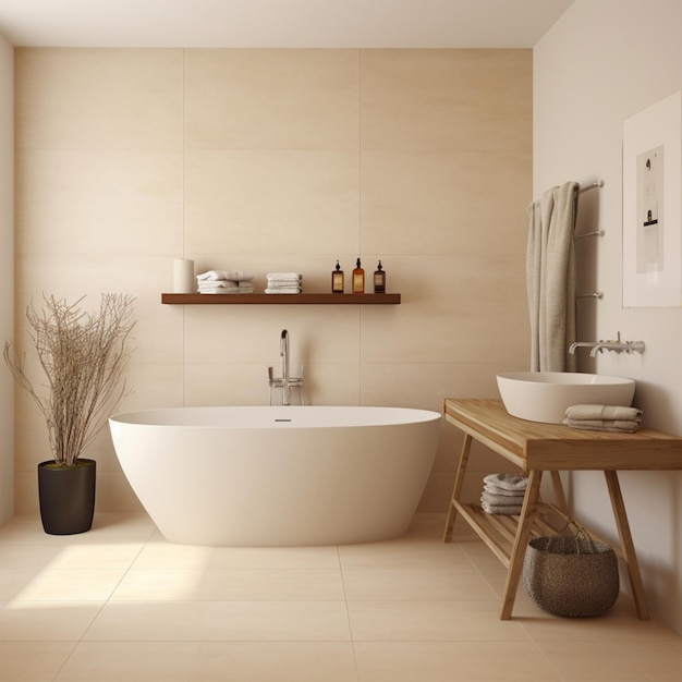 Concepto minimalista Interior de bañera en tono beige sólido