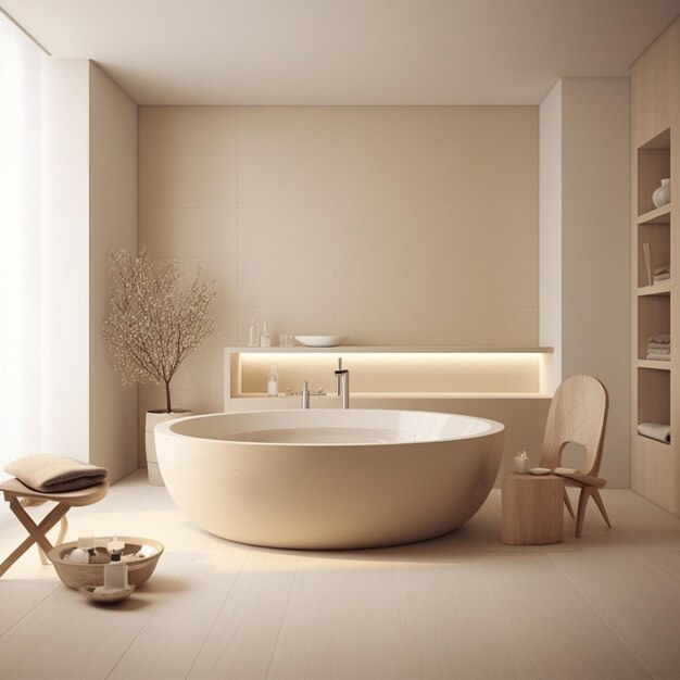 Concepto minimalista Interior de bañera en tono beige sólido