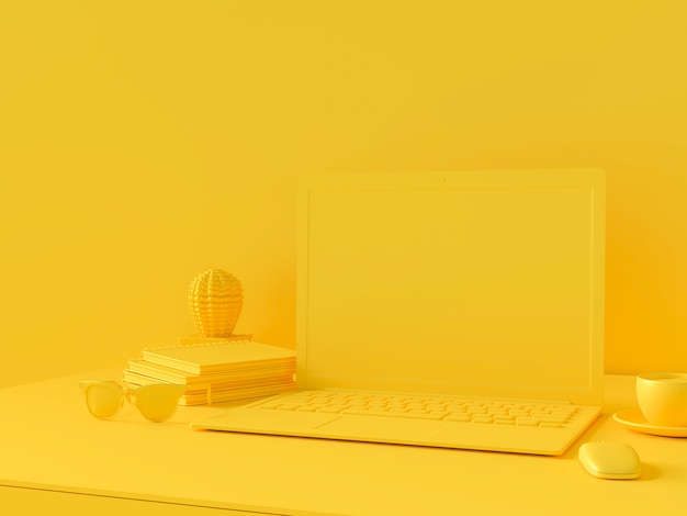 Concepto mínimo, computadora portátil en la mesa escritorio color amarillo